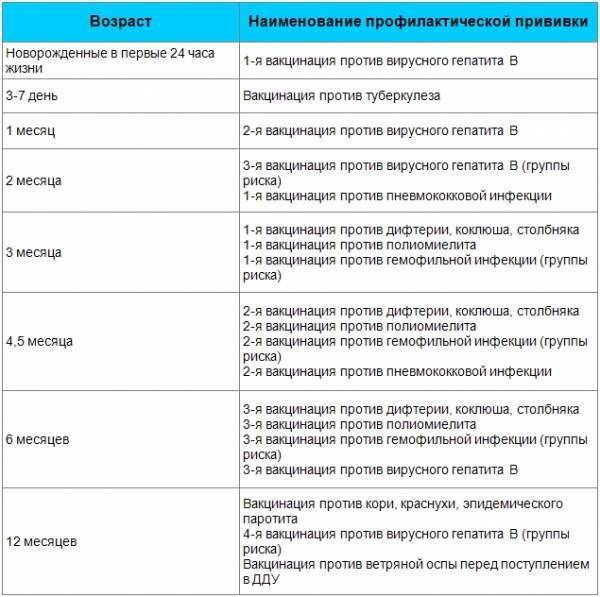 Календарь прививок по месяцам до 1 года: список и график плановой вакцинации детей в россии